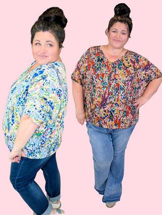 Kayse Vneck Dolman Short Sleeve Top in Botanicals (3 Colors)