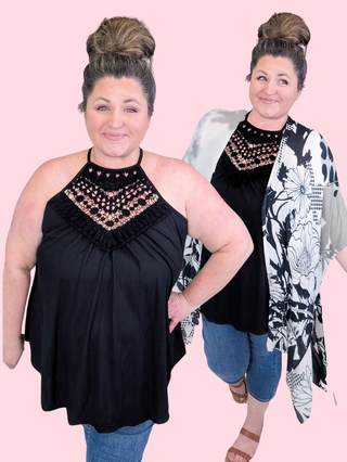 Allie Crochet Lace Tank in Ribbed Black