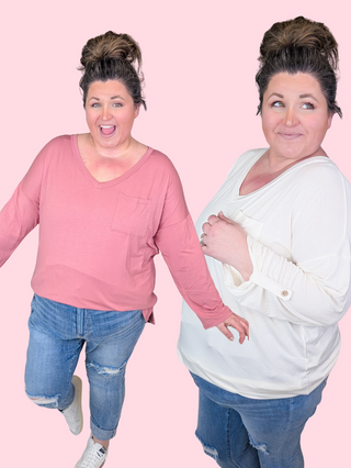 Cassie Vneck Button Sleeve Pocket Tee (2 colors)