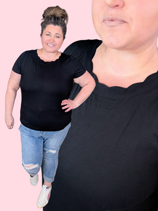 Crystal Short Sleeve Top w/Scalloped Neck in Black