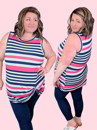 Deanna Knotted Tank in Pink + Navy Stripe