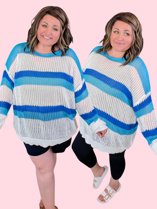 Rayna Summer Knit Sweater in Turquoise + Blue Stripes