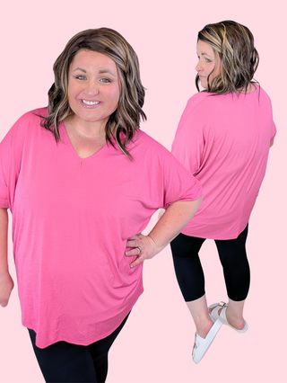 Eliza Short Sleeve Dolman Vneck Top in Pink