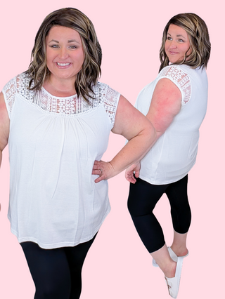 Corinne Short Sleeve Top w/Crochet Lace in Ivory