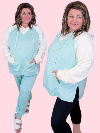 Gigi Scuba Pullover Hoodie in Aqua Mint & Ivory