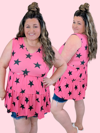 Tyler Tiered Tank in Pink w/Black Stars