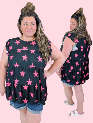 Maisey Tiered Short Sleeve Top in Black w/Pink Stars
