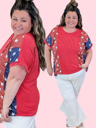 Marta Urban Ribbed Red Short Sleeve Top w/Flag Sides