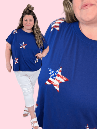 Avril Sequin Star Flag Tee on Blue