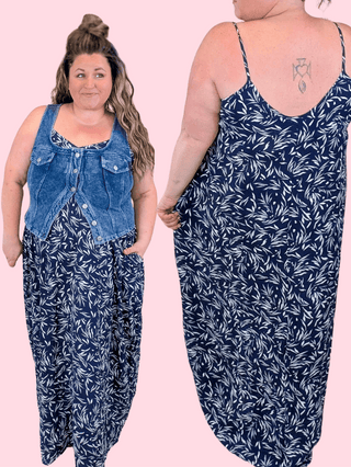Florence Leaf Print Maxi Dress in Navy