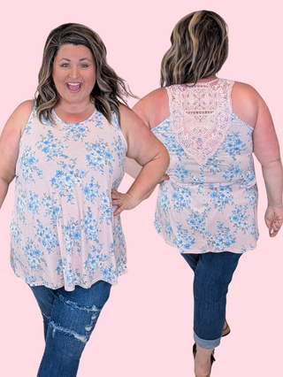 Claudia Lace Back Floral Tank in Pink + Blue