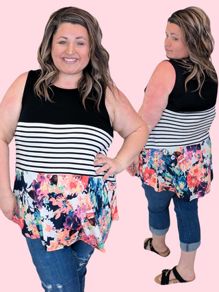 Coralyn Floral, Stripe & Black Blocked Tank
