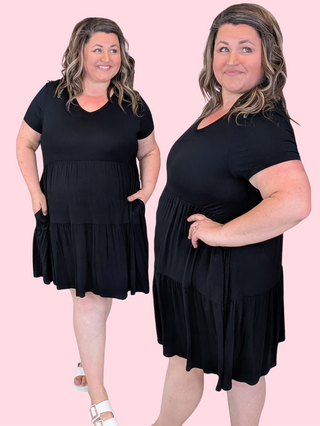 Corie Short Sleeve Tiered Dress in Black