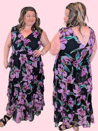 Evangeline Tiered Purple Floral Dress  on Black