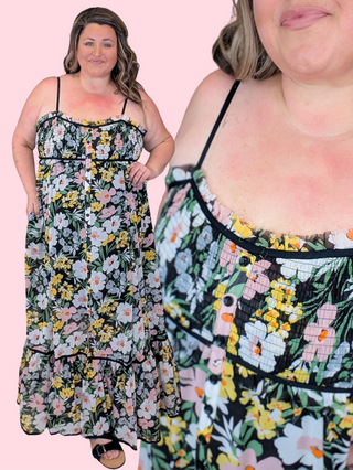 Maddie Smocked Maxi in Wildflowers on Black