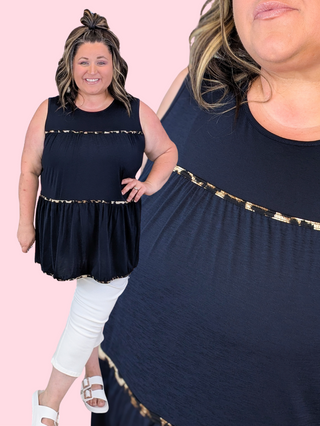 Ramona Tiered Tank w/Leopard Accents in Navy