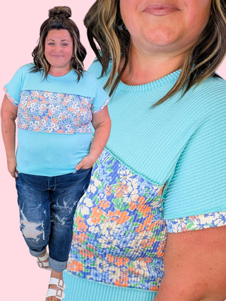 Leah Short Sleeve Floral Block Top in Aqua Mint