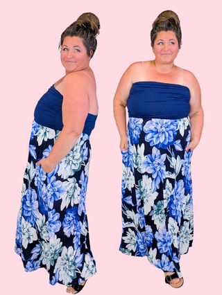 Lorie Strapless Floral Maxi Dress in Navy