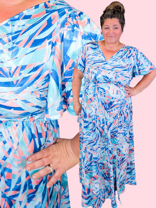 Jessa Surplice Maxi Dress in Aqua Painted Leaf