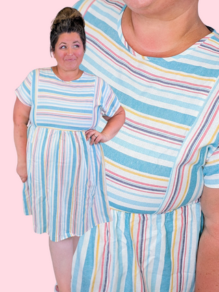 Macy Aqua Multi Stripe Short Sleeve Dress