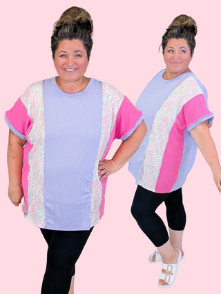 Lulu Vertical Block Dolman in Lilac + Floral