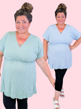 Miranda Short Sleeve Faux Wrap Top in Solids