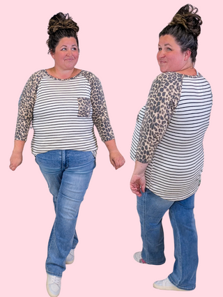 Denise 3/4 Sleeve Raglan in Stripe + Leopard