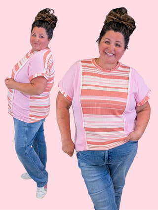 Tina Striped Short Sleeve Top in Pink Mix