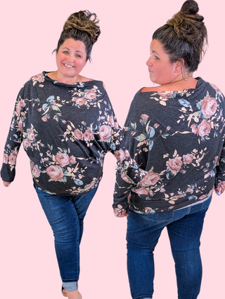 Liza Slouchy Off Shoulder Top in Faded Black Floral
