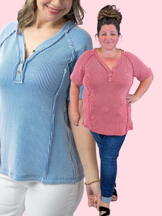 Sylvie Ribbed Short Sleeve Henley Top (2 Colors)