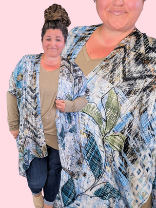 Terri Abstract + Botanical Kimono in Blue + Mocha Mix