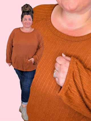 Hailey Ribbed Long Sleeve Top w/Kangaroo Pocket in Copper