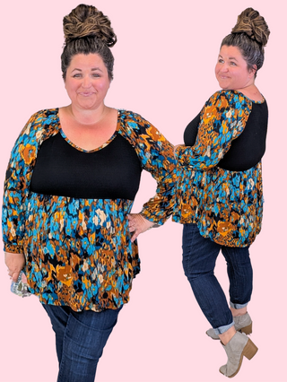 Milana Long Sleeve Babydoll in Black, Gold & Turquoise