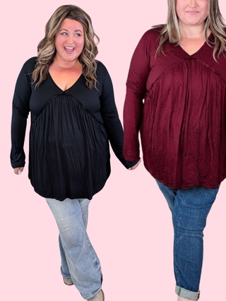 Evans Modified Babydoll Long Sleeve Top (3 Colors)