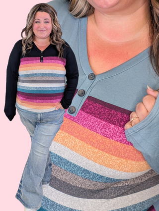 Belle Tea Stain Stripe Long Sleeve Henley Top
