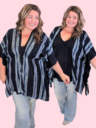 Elyse Black Textured Blue Stripe Kimono w/Waist Tie