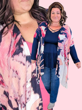Gena Abstract Floral Print Kimono in Pink + Navy