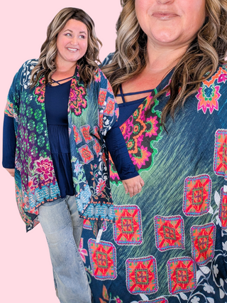 Ellie Bright Mix Bold Print Kimono on Navy