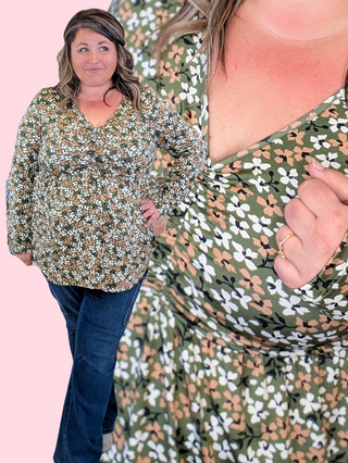 Gemma Cinched Babydoll in Neutral Floral on Olive