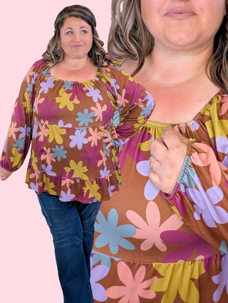 Annette U-Neck Retro Floral Babydoll in Warm Cocoa