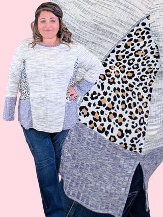 Heidi Patchwork Style Top in Gray + Navy w/Animal Accent