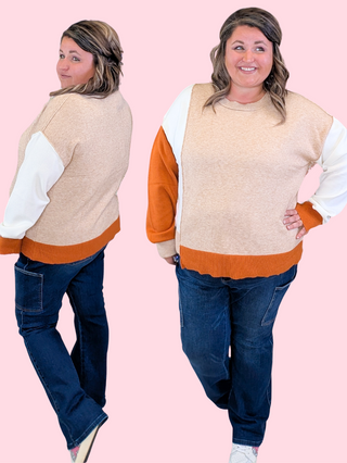 Rowena Asymmetrical Colorblock Sweater in Taupe + Rust Orange