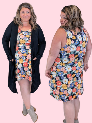 Cara Tank Dress in Black Boho Daisies