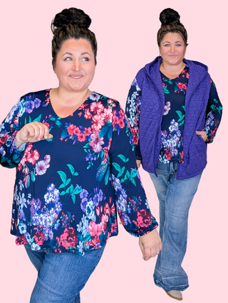 Fern Floral Long Sleeve Slinky Vneck in Navy Mix