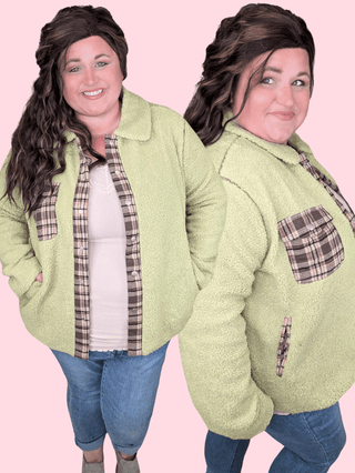SALE- McKenzie Pistachio Sherpa Light Jacket w/Plaid Accents-4- Overlayer Tops-KORI-Styled by Stacked - A Plus Size Women's Boutique in Lakeville, MN