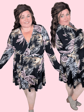 Bray Long Sleeve Faux Wrap Dress in Black Botanical