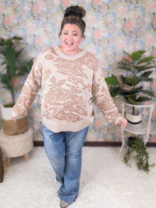 Ada Crewneck Sweater in Taupe Roses-2- Long Sleeve Tops-WHITE BIRCH-Styled by Stacked - A Plus Size Women's Boutique in Lakeville, MN