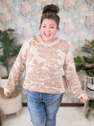 Ada Crewneck Sweater in Taupe Roses-2- Long Sleeve Tops-WHITE BIRCH-Styled by Stacked - A Plus Size Women's Boutique in Lakeville, MN