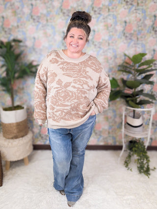 Ada Crewneck Sweater in Taupe Roses-2- Long Sleeve Tops-WHITE BIRCH-Styled by Stacked - A Plus Size Women's Boutique in Lakeville, MN