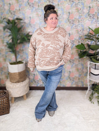 Ada Crewneck Sweater in Taupe Roses-2- Long Sleeve Tops-WHITE BIRCH-Styled by Stacked - A Plus Size Women's Boutique in Lakeville, MN